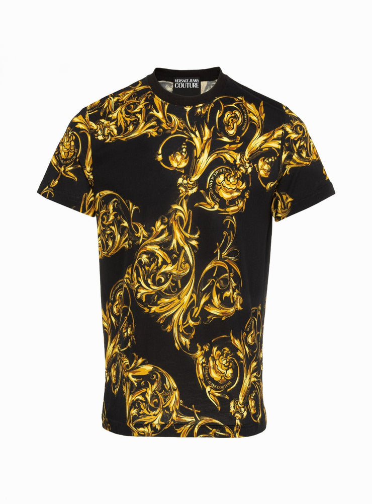 Versace T-Shirt - Garland Print  - Black and Gold -72GAH6S0