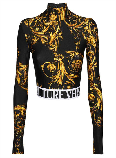 Versace Top Lycra - Baroque Print - Black and Gold -72HAH6A7