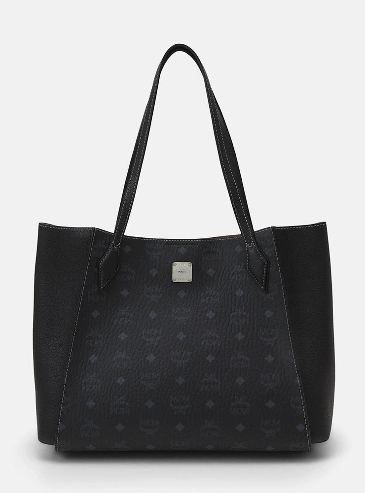MCM YRIS Black Leather Visetos Zip Pouch Shopper Purse Tote Bag New