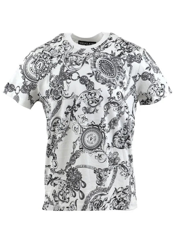 Versace T-Shirt - Cotton Print Baroque - Grey and Black - 71GAH6S0