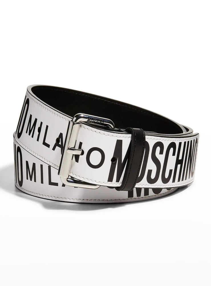 Moschino Belt - Repeat Logo Leather - White Black - A80228010 1001